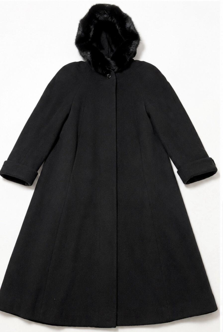 Vintage Donnybrook Women’s Size 8 Black Wool Long Coat Fur Trim Hood Russia